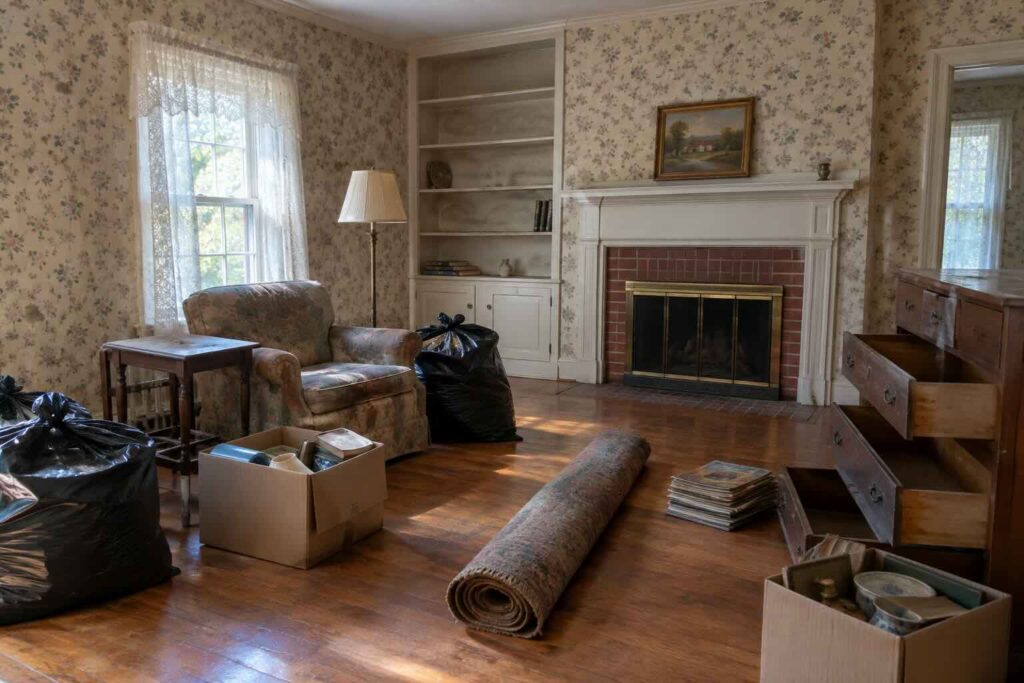 A photo of packed up living room at a Harford County, MD home where Maryland Pickers provided estate cleanout services.