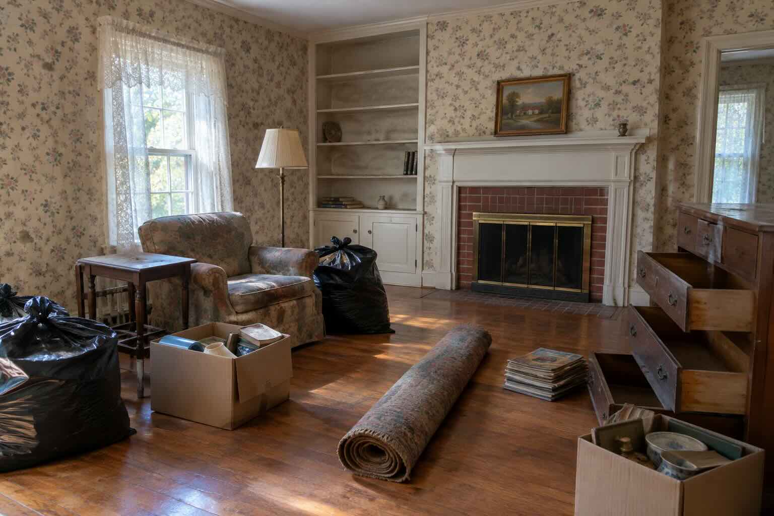 A photo of packed up living room at a Harford County, MD home where Maryland Pickers provided estate cleanout services.