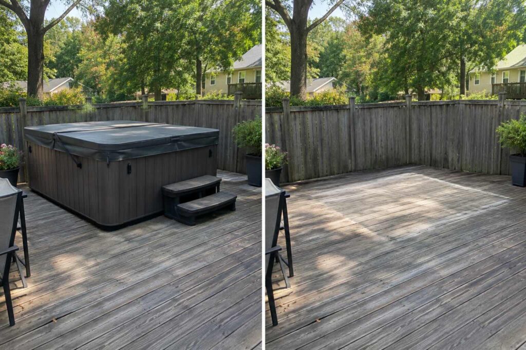 A before and after photo from a Maryland Pickers Junk Removal hot tub removal job in central maryland.