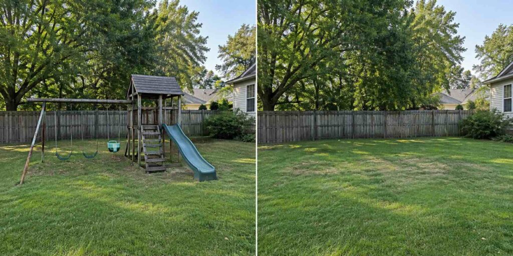 A before and after photo of a yard prior to and after play set removal services from Maryland Pickers Junk Removal in Central Maryland.