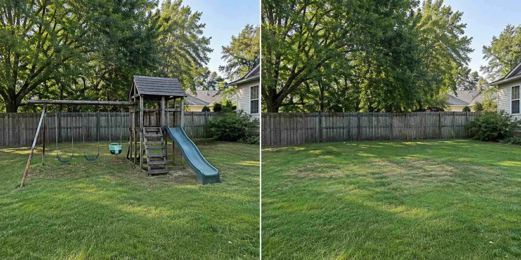 A before and after photo of a yard prior to and after play set removal services from Maryland Pickers Junk Removal in Central Maryland.