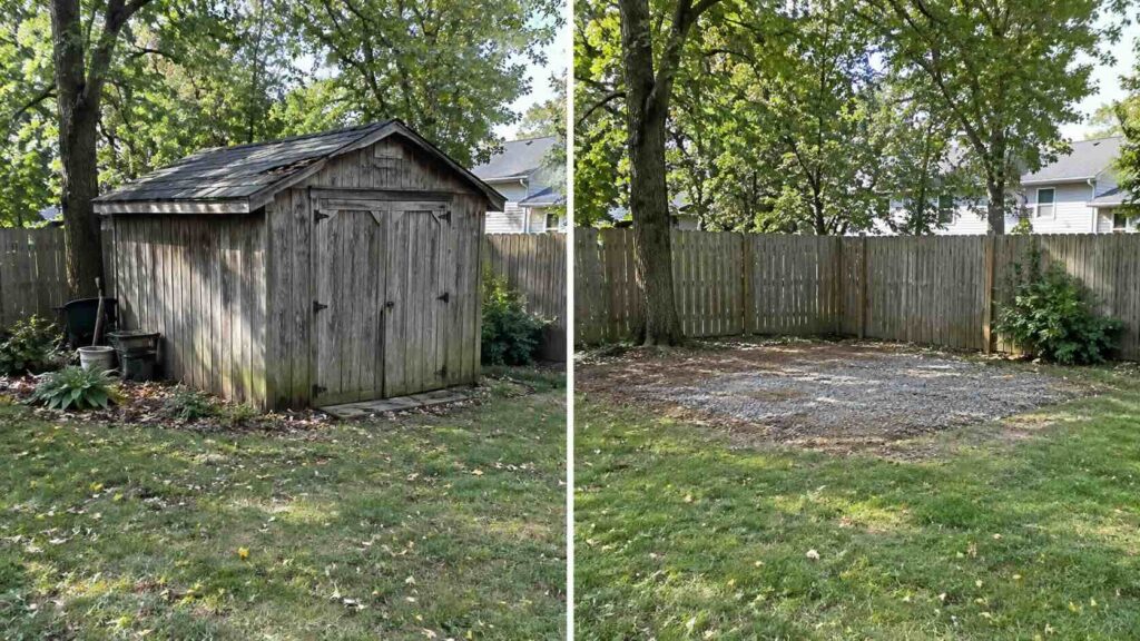 A before and after photo of a shed removal project in Central Maryland, demonstrating the quality of work that Maryland Pickers Junk Removal does.