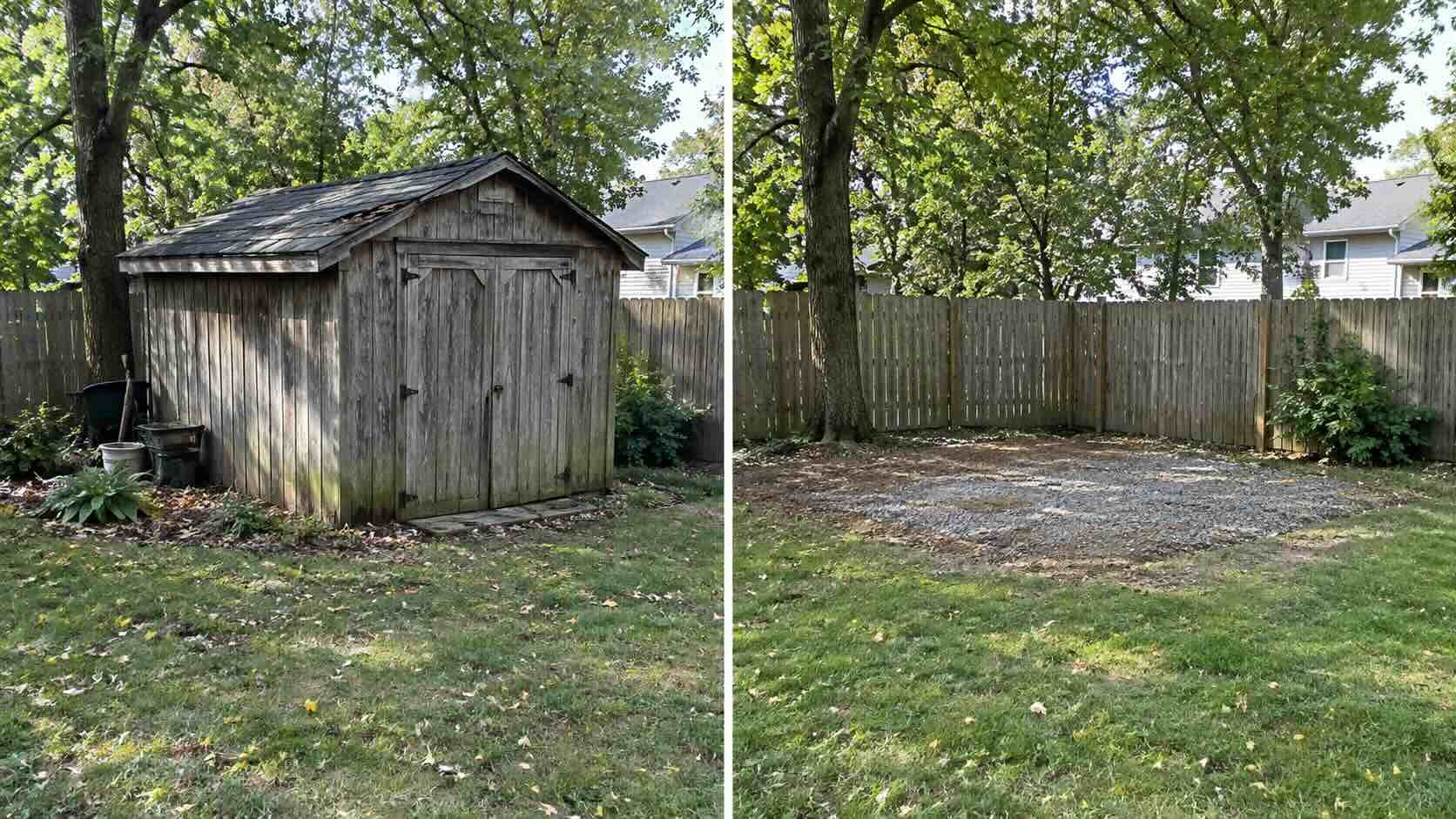 A before and after photo of a shed removal project in Central Maryland, demonstrating the quality of work that Maryland Pickers Junk Removal does.